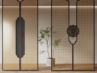 Modern Room Divider With Ornate Pattern Black Frame And Potted Plant In Interior 3d model