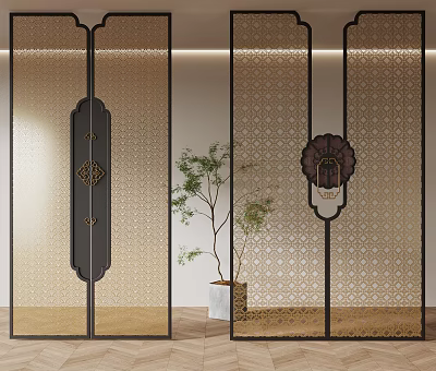 Modern Room Divider With Ornate Pattern Black Frame And Potted Plant In Interior 3d model
