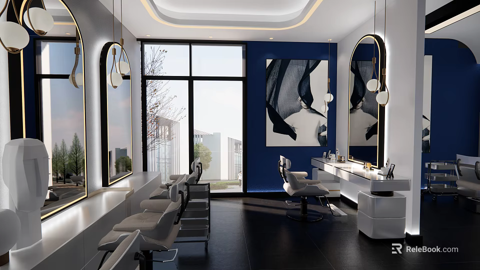 Modern Beauty Salon Interior With Blue Walls Large Windows Styling Chairs Mirrors And Workstations 3d model 