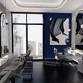 Modern Beauty Salon Interior With Blue Walls Large Windows Styling Chairs Mirrors And Workstations