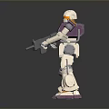 Detailed White And Purple Robot Model Holding Weapon On Black Reflective Surface