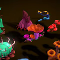 Vibrant Fantasy Plants With Colorful Shapes And Glowing Elements On Dark Background