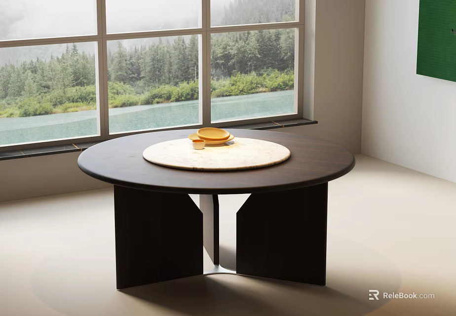 Modern Round Dark Wooden Dining Table With Light Tray Yellow Bowl And Window View 3d model 