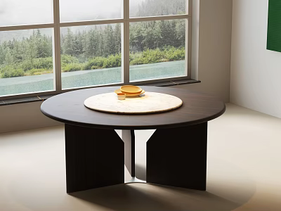 Modern Round Dark Wooden Dining Table With Light Tray Yellow Bowl And Window View 3d model