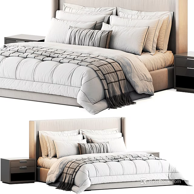 Double Bed with Striped Comforter Pillows and Wooden Nightstands Design 3d model 