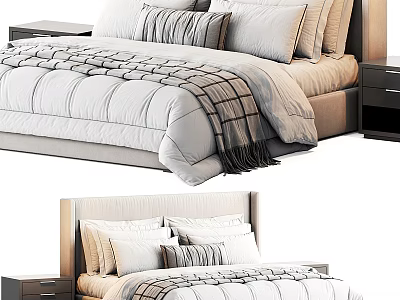 Double Bed with Striped Comforter Pillows and Wooden Nightstands Design 3d model