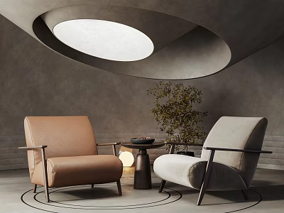 Modern Casual Sofa Set With Beige Brown Upholstery Metal Frame Side Table And Plant 3d model