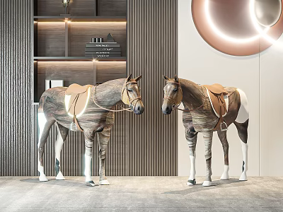 Elegant Horse Sculptures With Leather Saddles Wooden Texture And Vertical Wall Paneling In Modern Interior 3d model