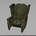 Vintage Green Wingback Armchair With Wooden Arms Legs And Pearl Accents