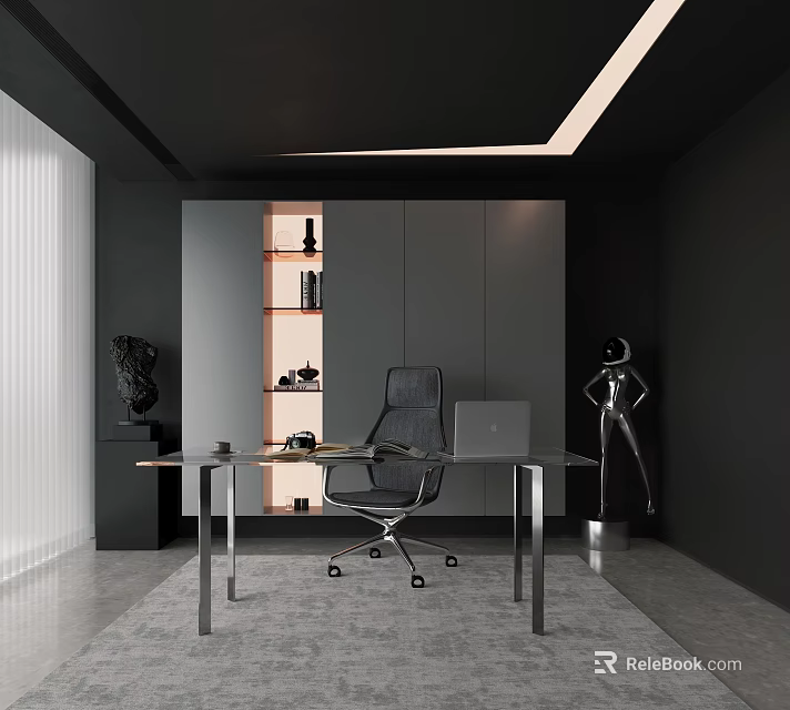Modern Black Office Interior With Desk Chair Bookshelf And Sculpture Near Floor to Ceiling Window 3d model 