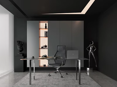Modern Black Office Interior With Desk Chair Bookshelf And Sculpture Near Floor to Ceiling Window 3d model