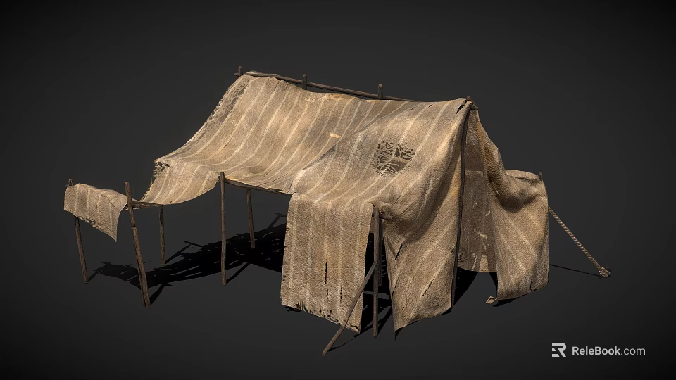 Rustic Striped Cloth Tent Supported By Wooden Poles With Simple Design 3d model 