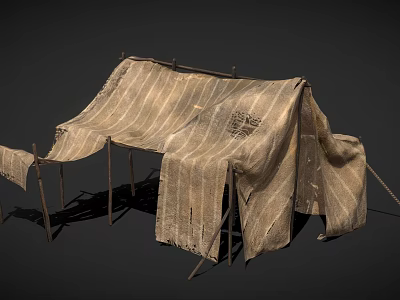 Rustic Striped Cloth Tent Supported By Wooden Poles With Simple Design 3d model
