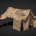 Rustic Striped Cloth Tent Supported By Wooden Poles With Simple Design