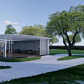 Outdoor Pergola in Natural Landscape With Green Trees Grass and Waterfront