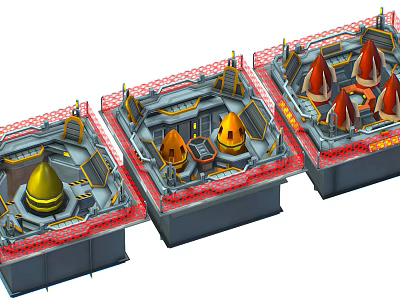 Three Parallel Industrial Facility Structures With Red Railings Yellow Red Cones And 3D Design 3d model