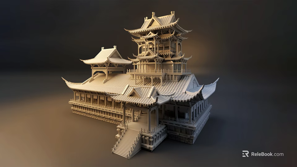 Cartoon Ancient Tower with Multi Layered Curved Eaves and Tile Roof Traditional Chinese Architecture 3d model 