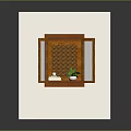 Stylish Built in Wooden Cabinet with Glass Doors Interior Shelf Holding Small Plant and Decor