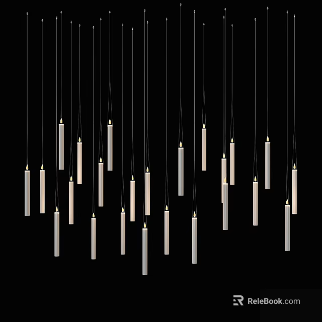 White Cylindrical Chandeliers Hanging In Black Background With Slim Elongated Design And Bottom Light Sources 3d model 