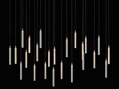 White Cylindrical Chandeliers Hanging In Black Background With Slim Elongated Design And Bottom Light Sources 3d model
