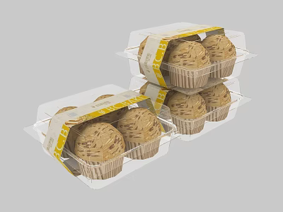 Transparent Plastic Packaged Cupcakes With Yellow Labels And Patterned Tops Stacked Together 3d model