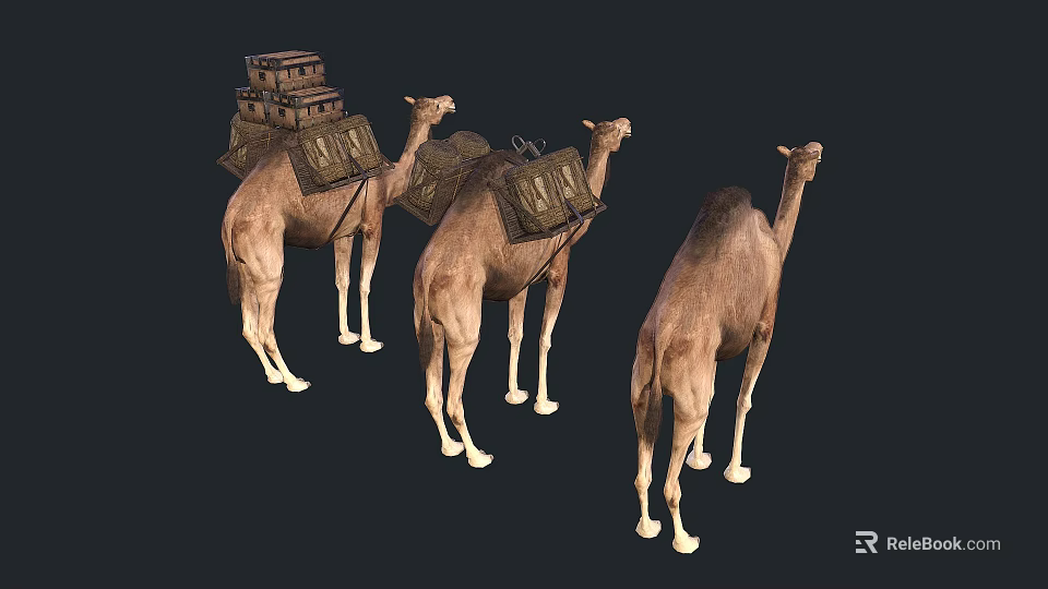 Three Brown Camels Carrying Packed Goods On Their Backs Together 3d model 