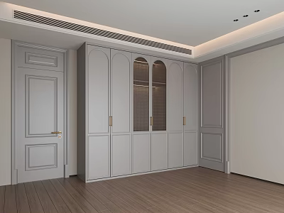 Modern Minimalist Wardrobe Interior With Arched Glass Doors And Gold Handles 3d model