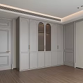 Modern Minimalist Wardrobe Interior With Arched Glass Doors And Gold Handles