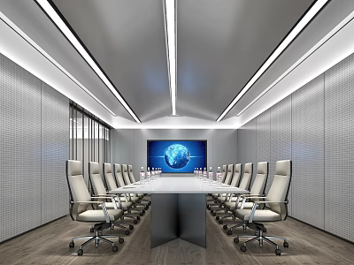 Modern Conference Room With Long Table White Rolling Chairs Large Earth Screen And Ceiling Lights 3d model