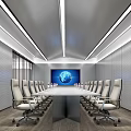 Modern Conference Room With Long Table White Rolling Chairs Large Earth Screen And Ceiling Lights