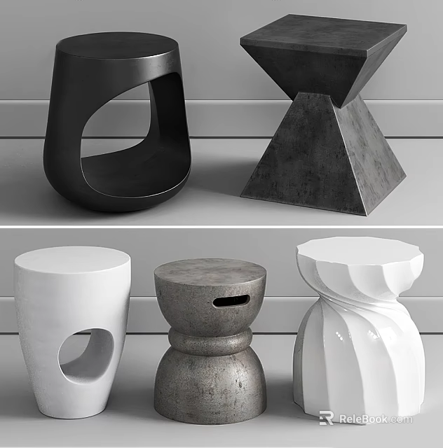 Modern Various Side Tables With Geometric Shapes Hollow Details And Textured Concrete Metal Designs 3d model 