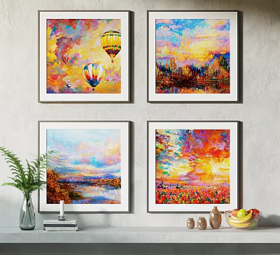 Colorful Landscape Paintings With Hot Air Balloon Sunset And Wall Decor Accents 3d model
