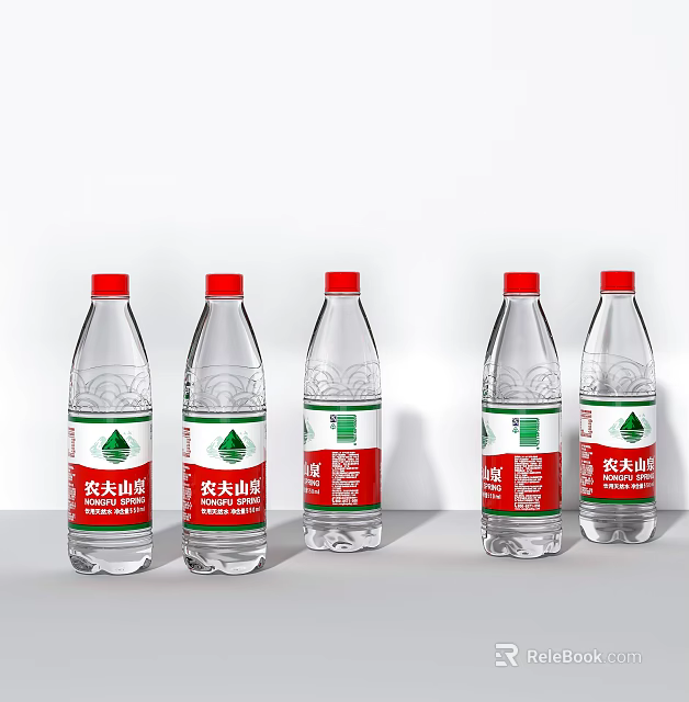 Nongfu Spring Mineral Water In Transparent Bottles With Red Cap And Red Green Label 3d model 