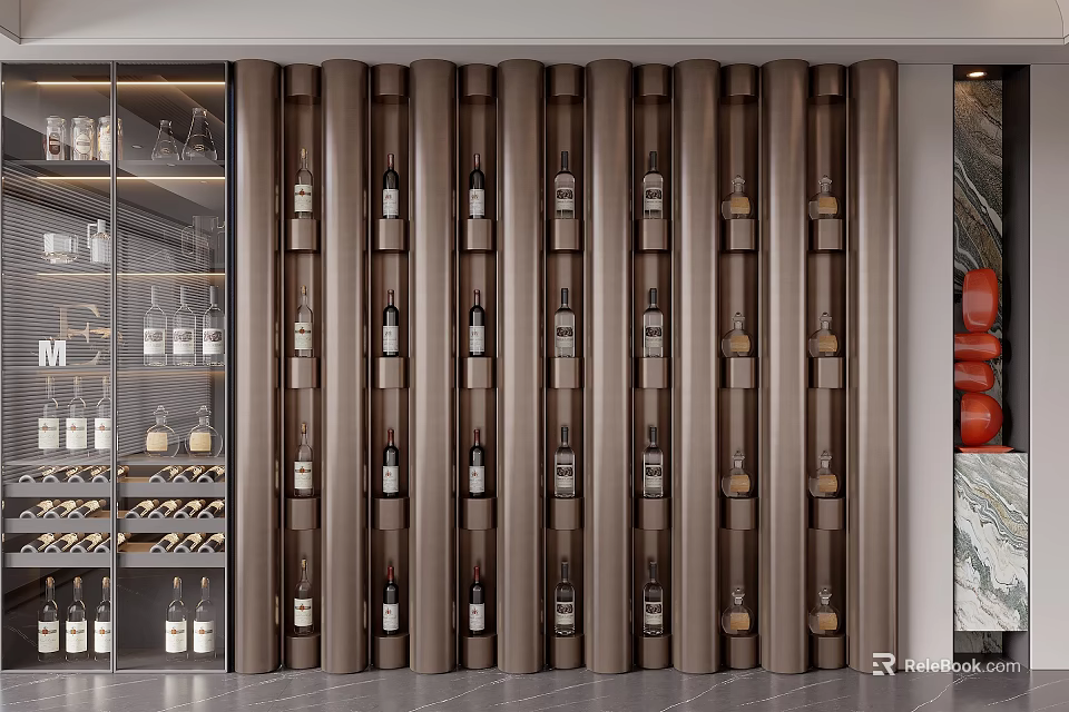 Modern Luxury Wine Cabinet Design With Multiple Shelves Displaying Wine Bottles 3d model 
