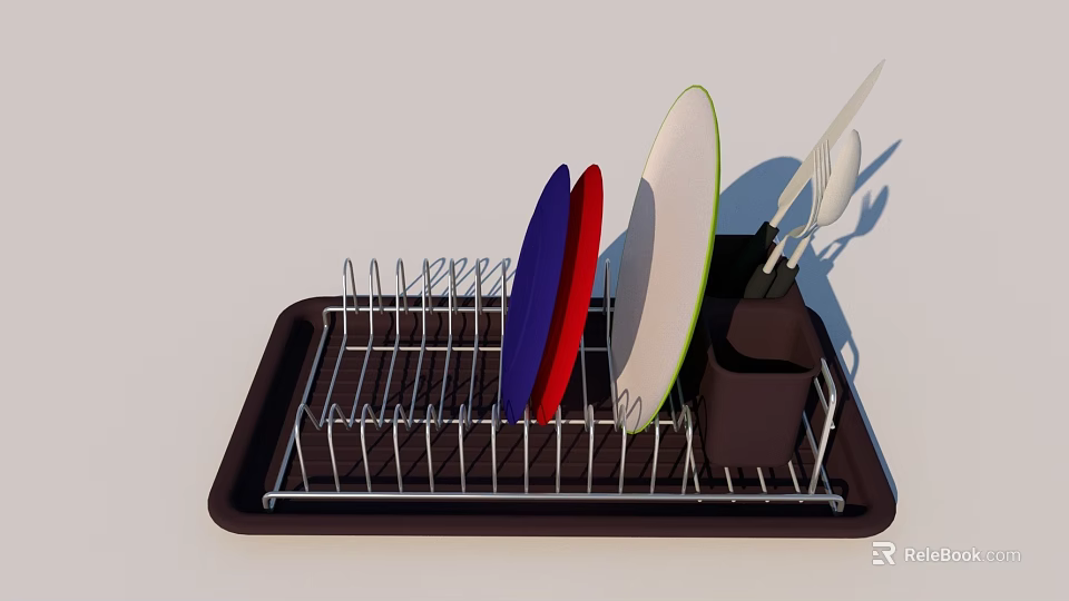Kitchen Cabinet With Dish Rack Holding Colorful Plates And Utensils 3d model 