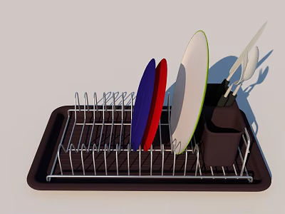 Kitchen Cabinet With Dish Rack Holding Colorful Plates And Utensils 3d model