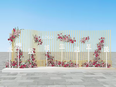 Stylish Photo Check in Spot With Golden Fence Red Pink Flower Decorations And Stone Pavement 3d model