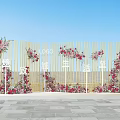 Stylish Photo Check in Spot With Golden Fence Red Pink Flower Decorations And Stone Pavement