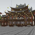 Ancient Architecture Courtyard With Traditional Roof Wooden Structure Lanterns Stone Paved Ground And Evening Lighting