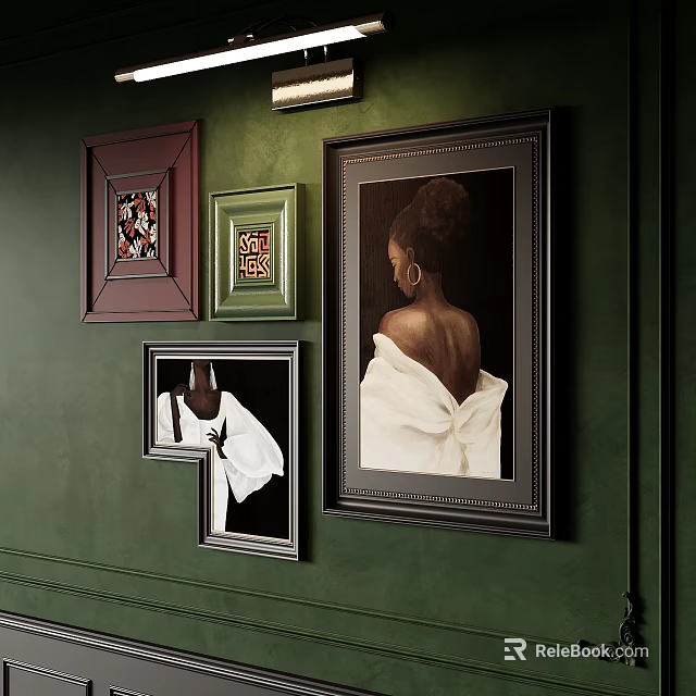 Abstract Paintings On Green Interior Wall With Multicolored Frames And Art 3d model 
