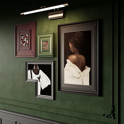 Abstract Paintings On Green Interior Wall With Multicolored Frames And Art 3d model