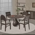 Warm Restaurant Dining Space with Round Table Wooden Chairs Circular Rug Shelves Plants and Painting