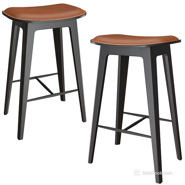 Set of Two Modern Black Metal Frame Bar Stools With Brown Leather Saddle Seat 3d model 