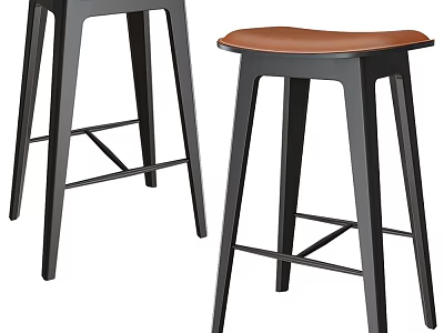 Set of Two Modern Black Metal Frame Bar Stools With Brown Leather Saddle Seat 3d model