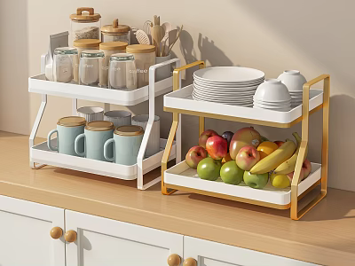 Efficient Kitchenware Storage With Two Tier White And Gold Racks Glass Jars Mugs Plates Bowls 3d model