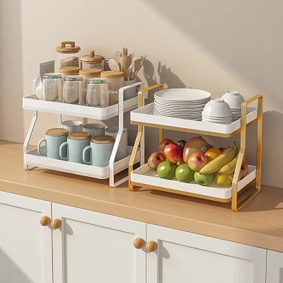 Efficient Kitchenware Storage With Two Tier White And Gold Racks Glass Jars Mugs Plates Bowls 3d model