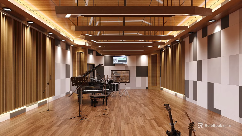 Spacious Music Room Interior With Piano Drum Set Microphone Stands Wooden Floor And Ceiling 3d model 