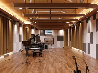 Spacious Music Room Interior With Piano Drum Set Microphone Stands Wooden Floor And Ceiling 3d model