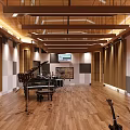 Spacious Music Room Interior With Piano Drum Set Microphone Stands Wooden Floor And Ceiling