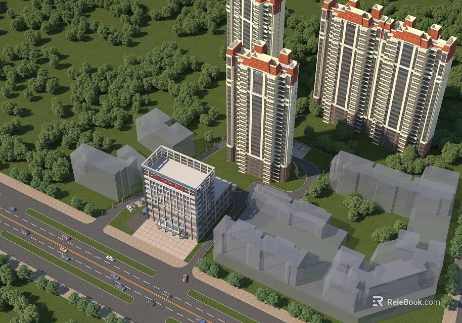 Aerial Planning of High Rise Residential Area With Surrounding Greenery and Roads 3d model 